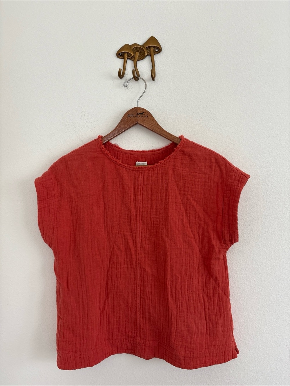 Medium TOAST Crinkle Cotton Gauze Top Coral Orange Raw Edge Flowy XXS